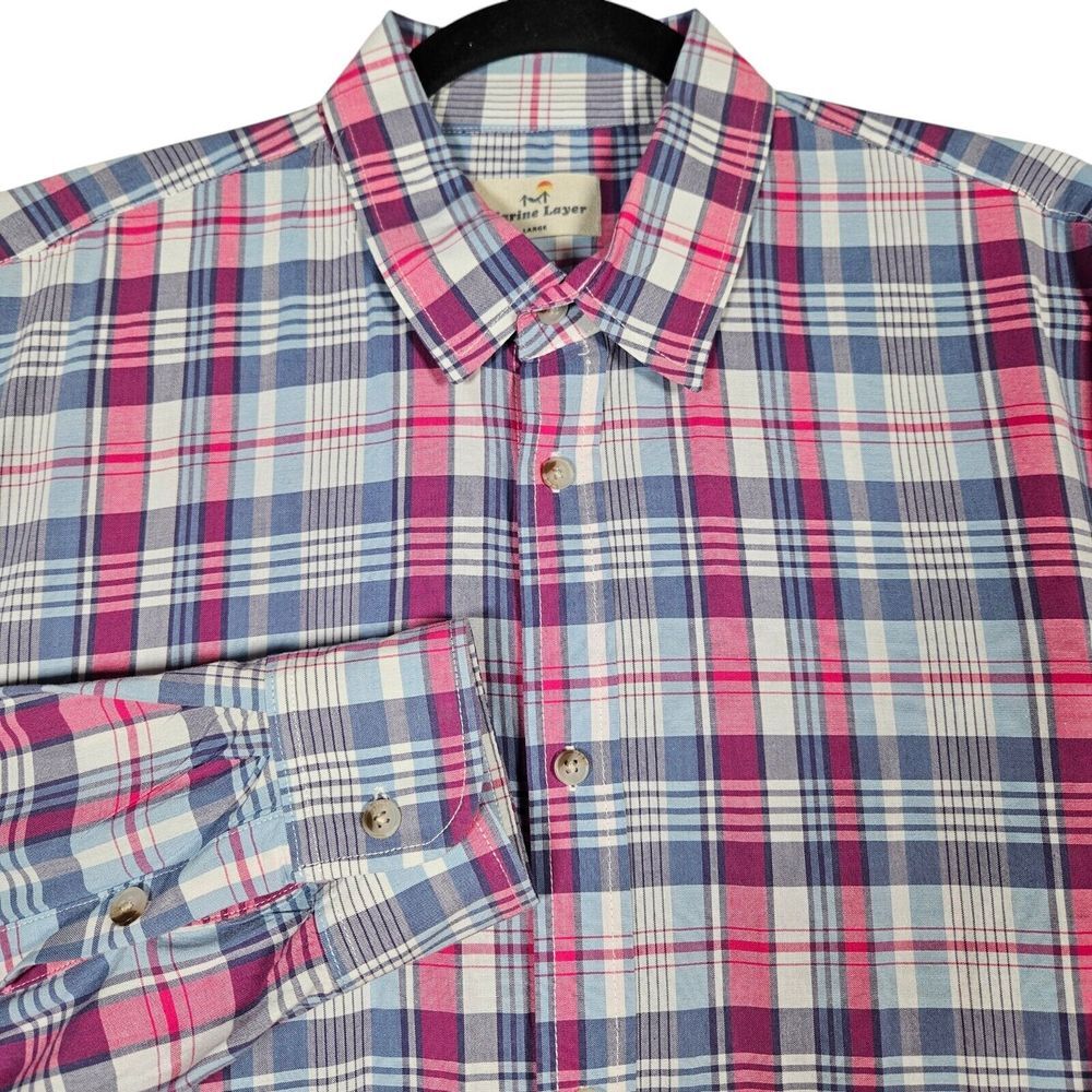 Marine Layer Shirt Mens sz L Pink Blue Plaid Long Sleeve Button Up Cotton Preppy